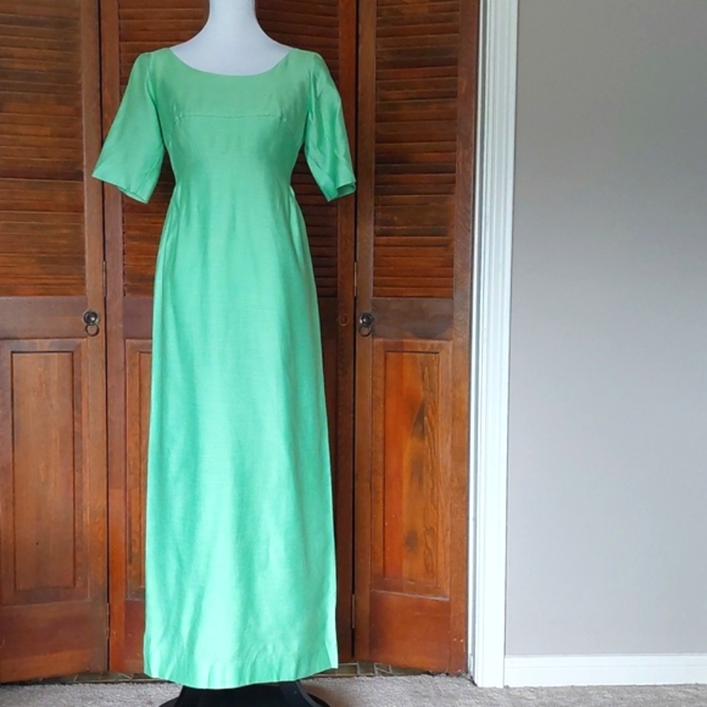 Vintage 1960's Sylvia Ann Scoop Neck Green Waterfall Back Maxi Dress Sz 6